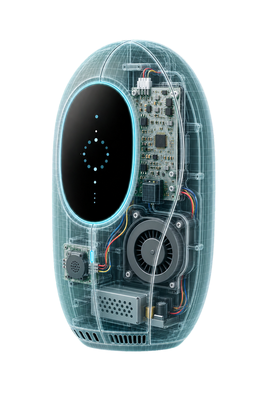 CAD X-ray rendering showing the controller's enclosure mesh and internal electronics